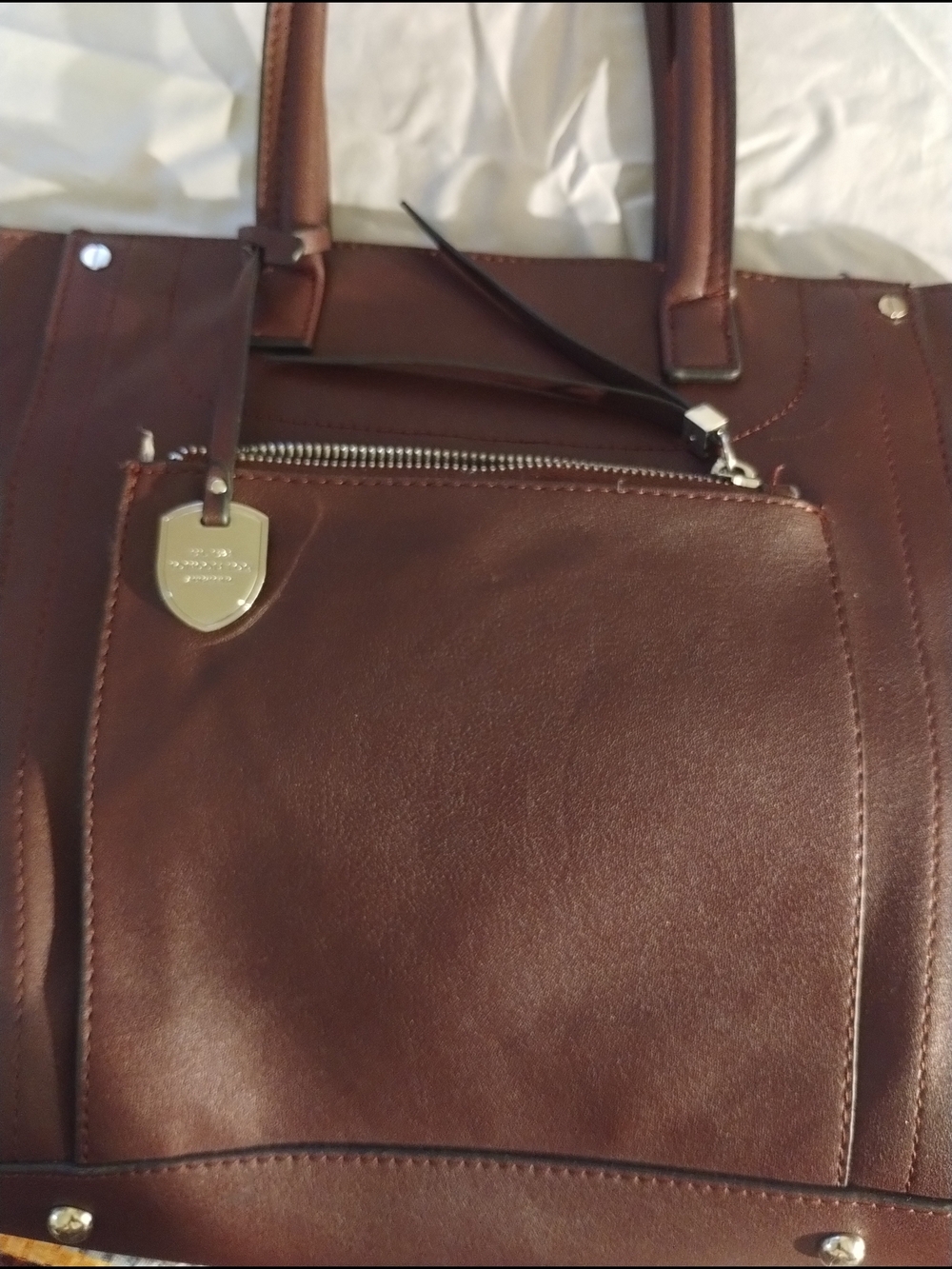 London Fog Brown Leather Satchel with Front Zip Pocket
